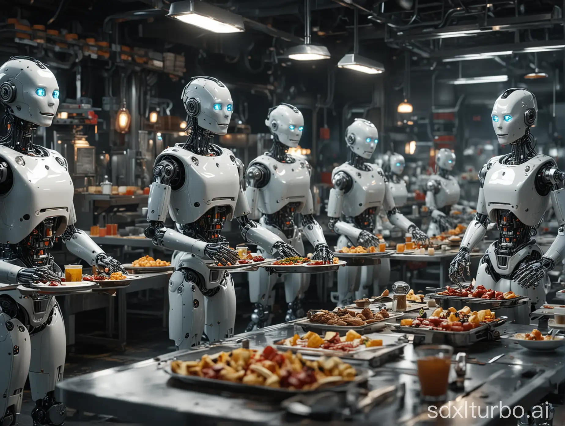 Robots restaurant 8k real scene assembly line