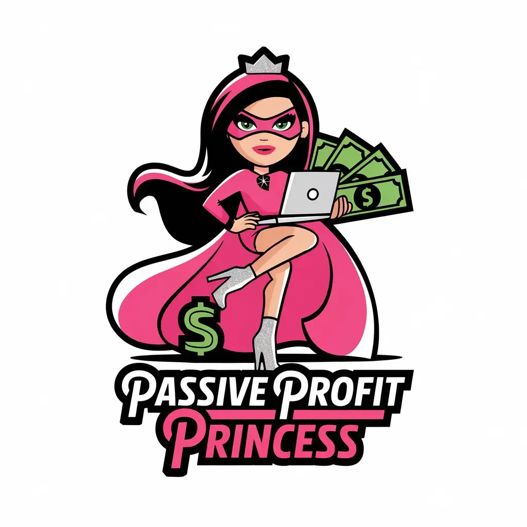 LOGO Design for Passive Profit Princess Pink Superhero Theme with Silver Sparkle Heels and Laptop