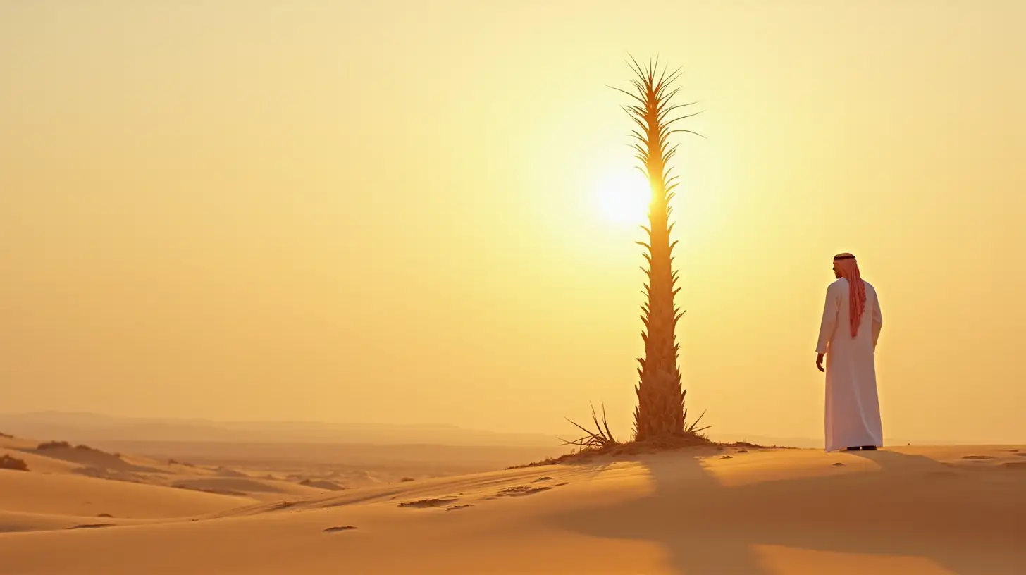 a tall plant growing in the desert sun giving shade to a man in arab clothes