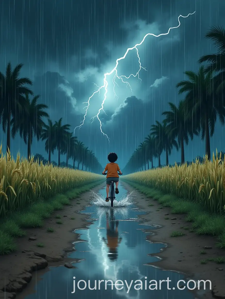 Anime-Rainy-Day-Scene-Boy-Cycling-Through-Wheat-Farm-in-Thunderstorm