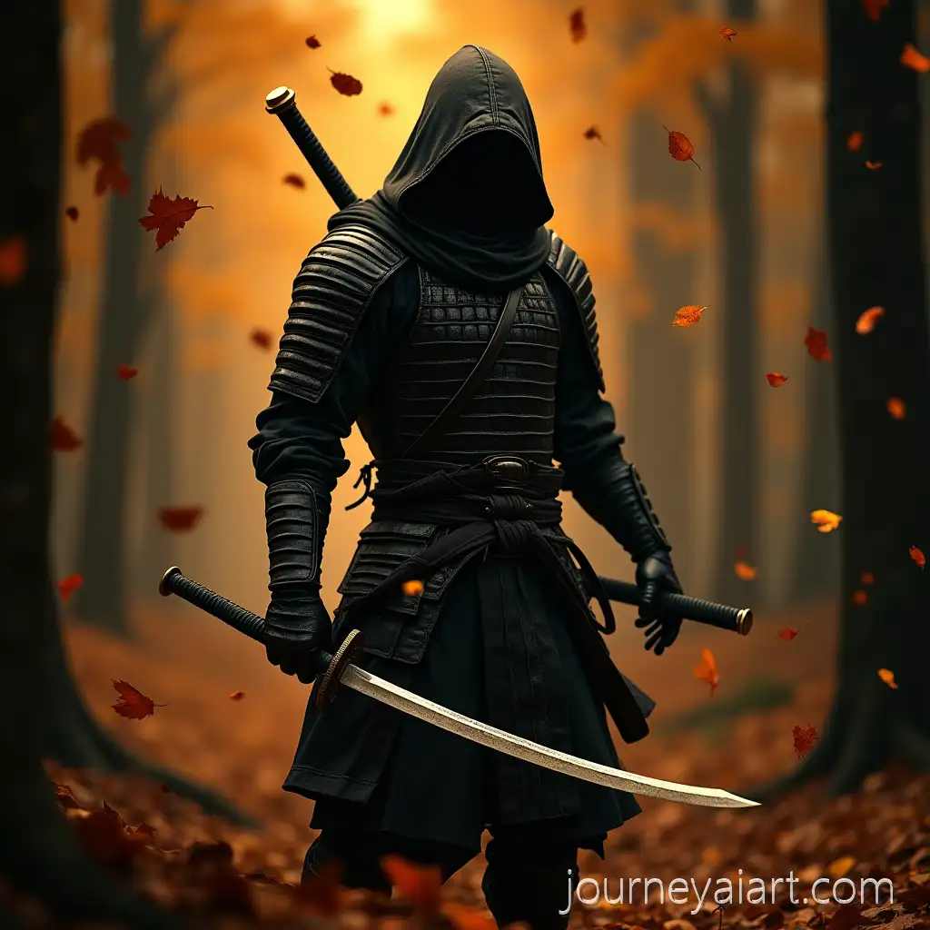 Dark-Hooded-Warrior-in-Black-Samurai-Armor-with-Katana-inDark-hooded-warrior-Autumn-Forest
