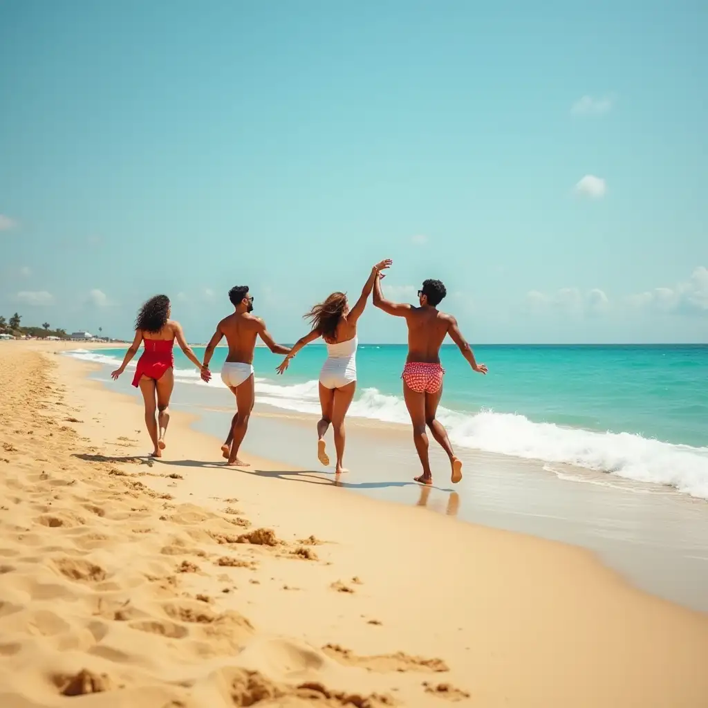 a beautiful golden beach with crystal clear blue sea water. People should be dancing on the beach having a great time dancing drinking and having a great time.