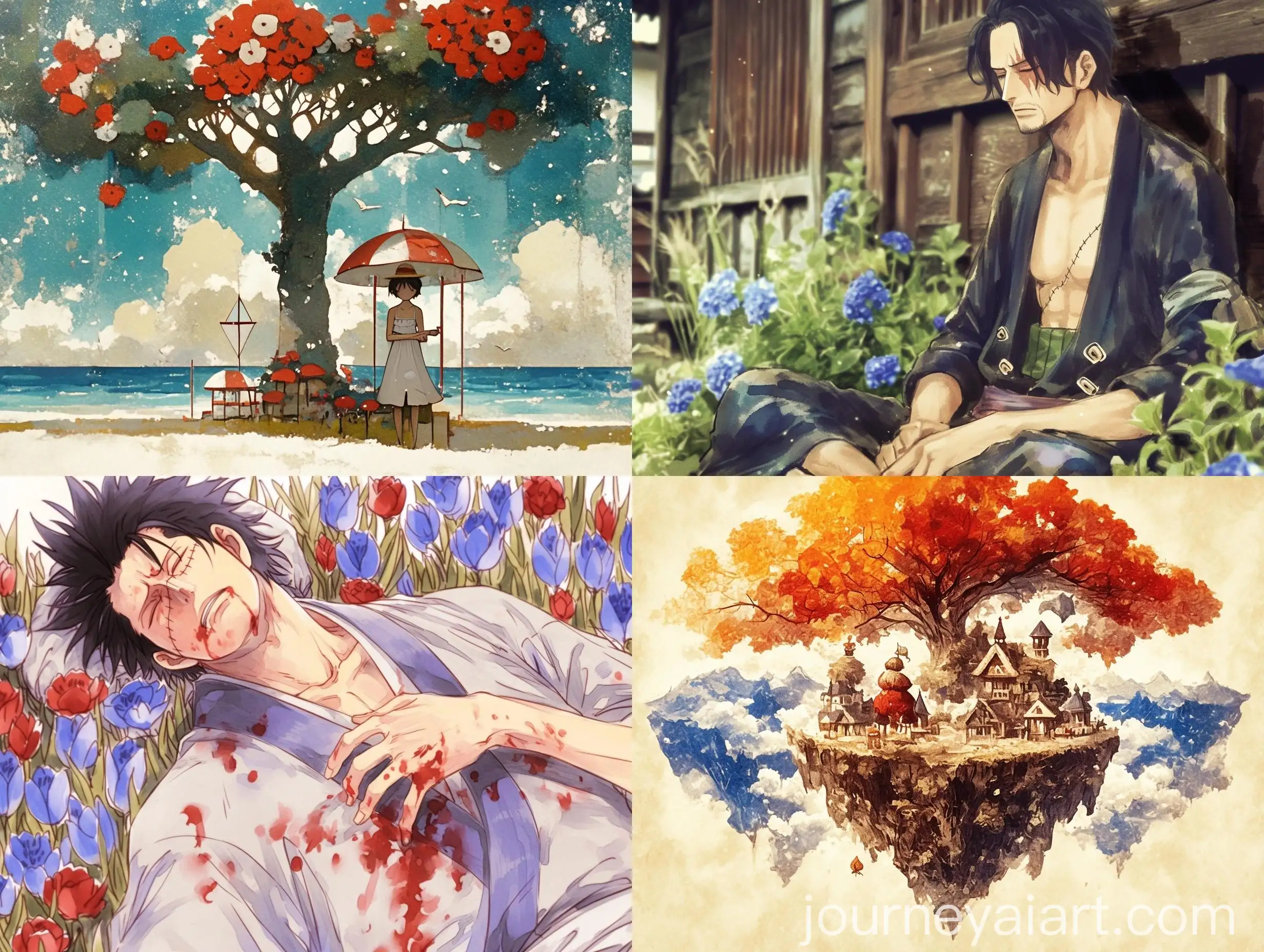 Colorful-Island-with-Blue-and-Red-Flowers-Watercolor-Manga-Style