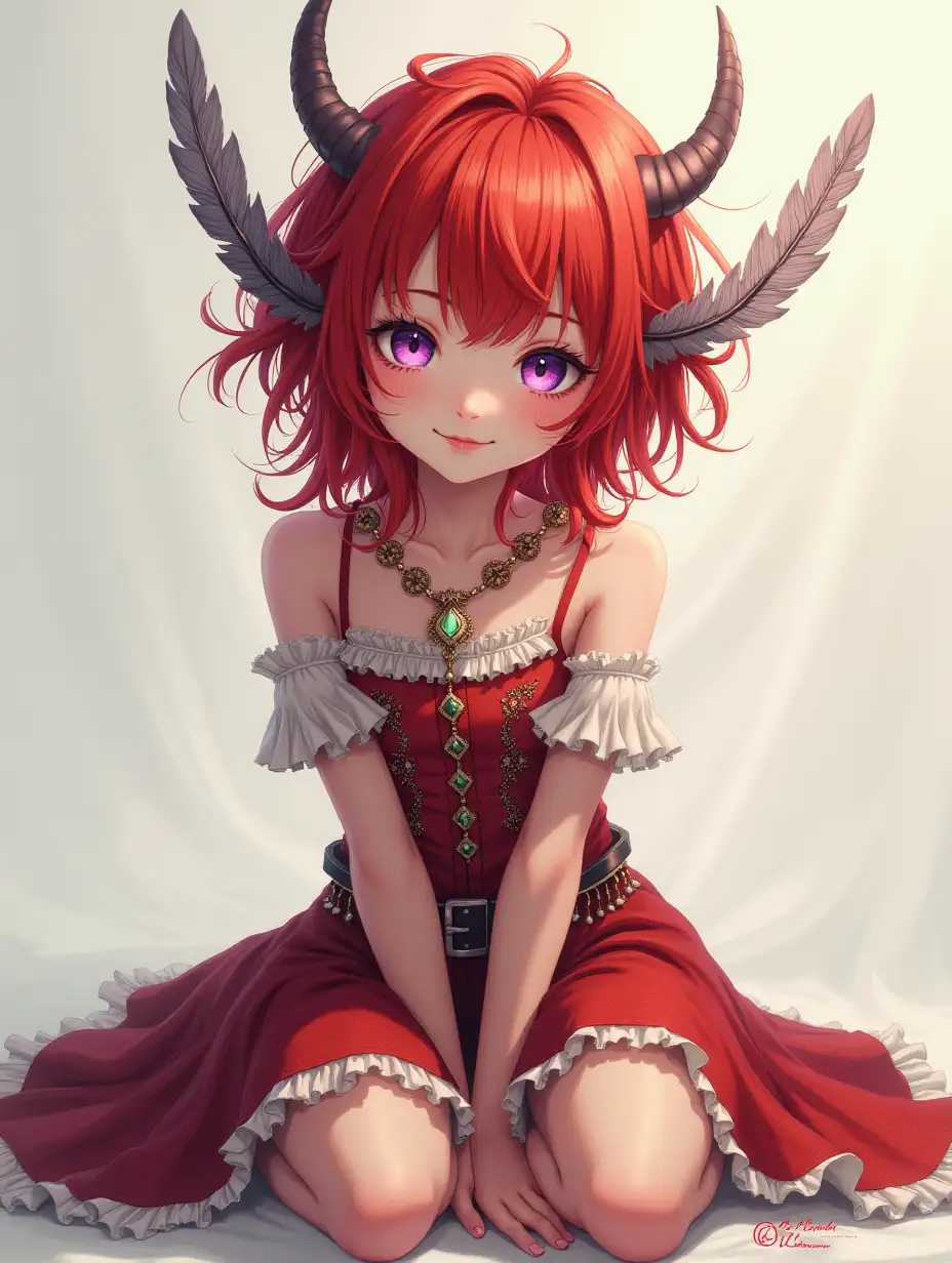 young girl sitting down, red messy hair with silver streaks, feathers growing from head - headwings, fantasy, purple eyes, soft smile, looking at viewer, no sleeves, bare shoulders, skirt, two piece dress, alchemist, ornaments, delicate, frills