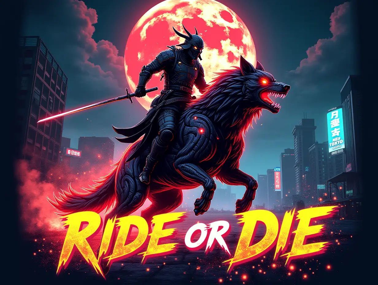 Design an extreme, high-octane T-shirt graphic featuring a cyberpunk samurai riding a flaming, robotic wolf through a neon-lit dystopian cityscape. The samurai wields a plasma katana, leaving a trail of electric sparks, while the wolf’s eyes glow with a menacing red light. Explosions and holographic advertisements for 'Neo-Tokyo 3000' fill the background, with a stormy sky illuminated by a massive, cracked moon. Add intricate details like glowing circuit patterns on the wolf’s body, the samurai’s armor reflecting the city lights, and a gritty, graffiti-style font at the bottom that reads 'Ride or Die.' The overall vibe should be chaotic, futuristic, and adrenaline-pumping.