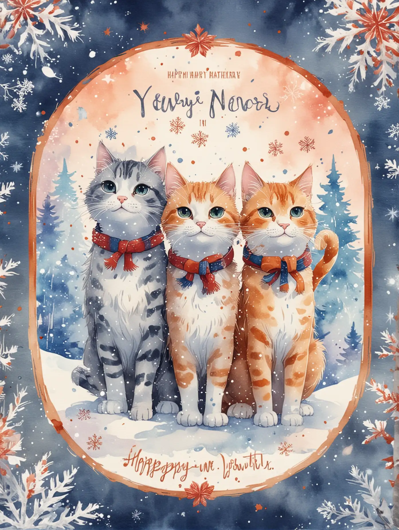 Three-Cats-in-Watercolor-Style-New-Year-Poster-with-Snow-and-Snowflakes