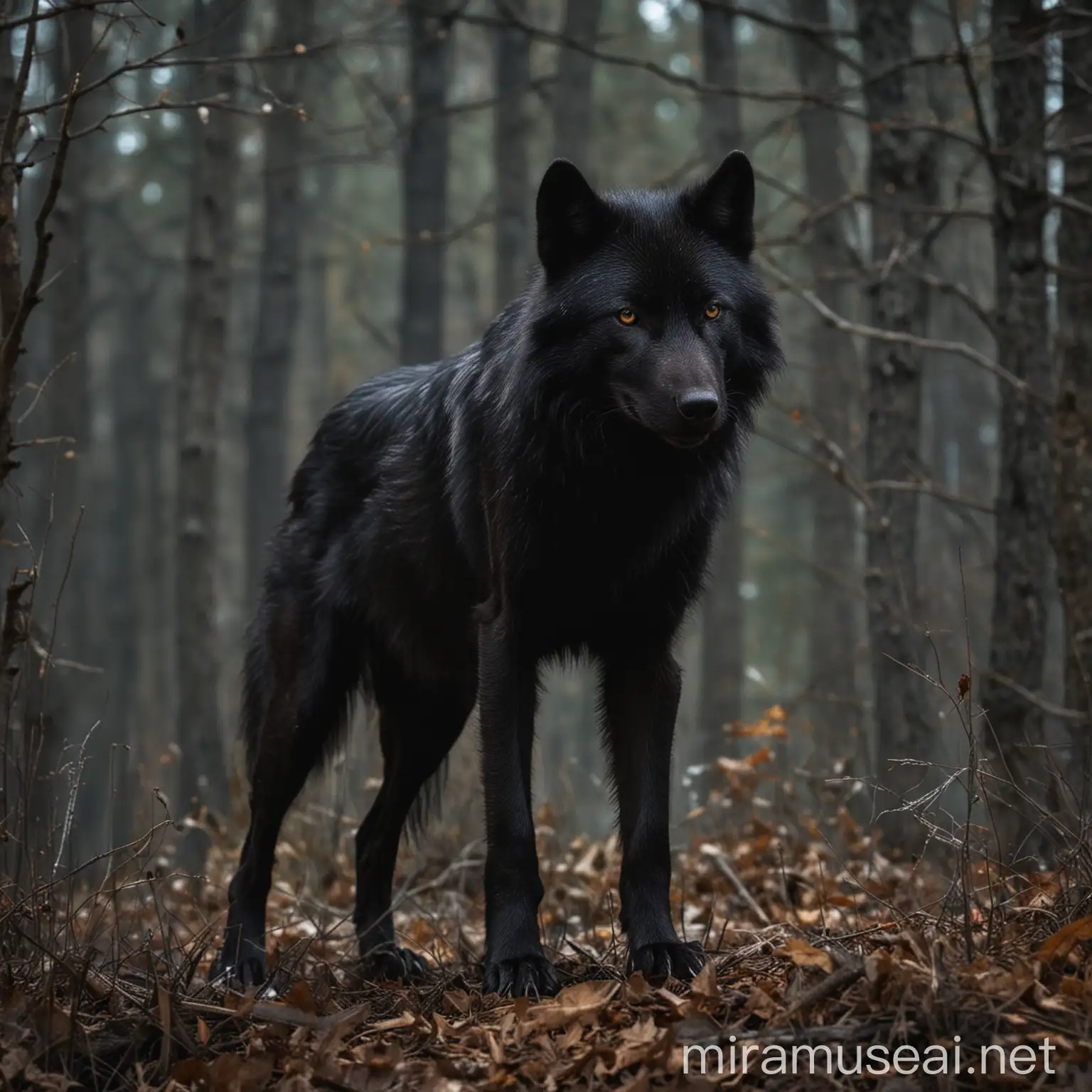 Majestic Black Wolf in Moonlit Forest