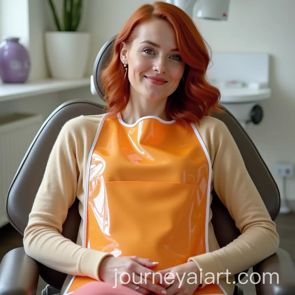 Woman-with-Long-Red-Hair-in-Dentists-Chair-Wearing-Shiny-Orange-PVC-Bib