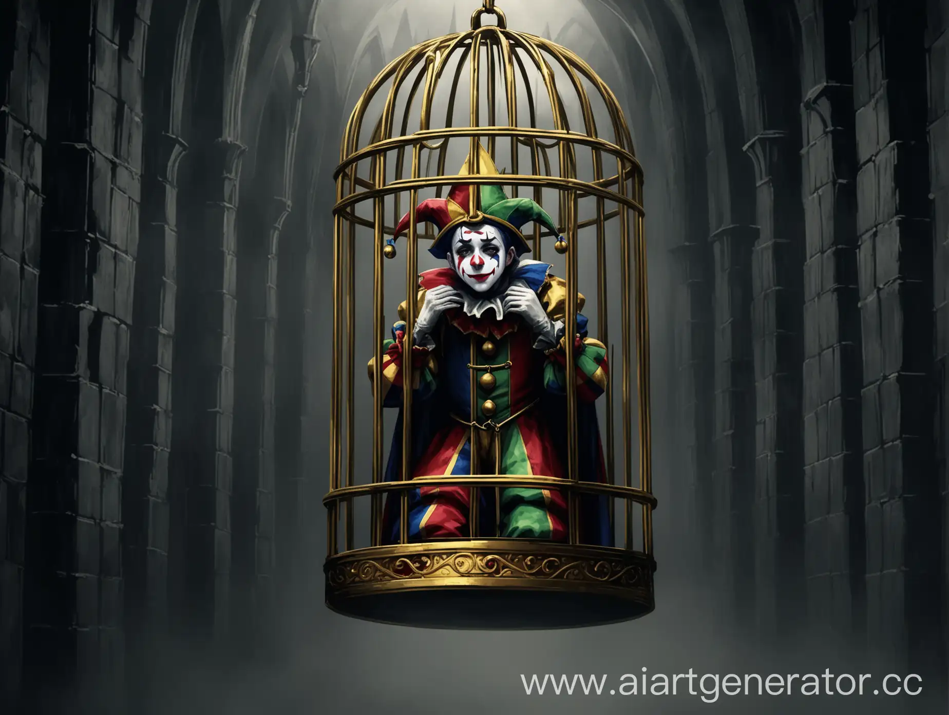 Sad-Jester-in-Medieval-Jesters-Clothing-Suspended-in-Golden-Cage