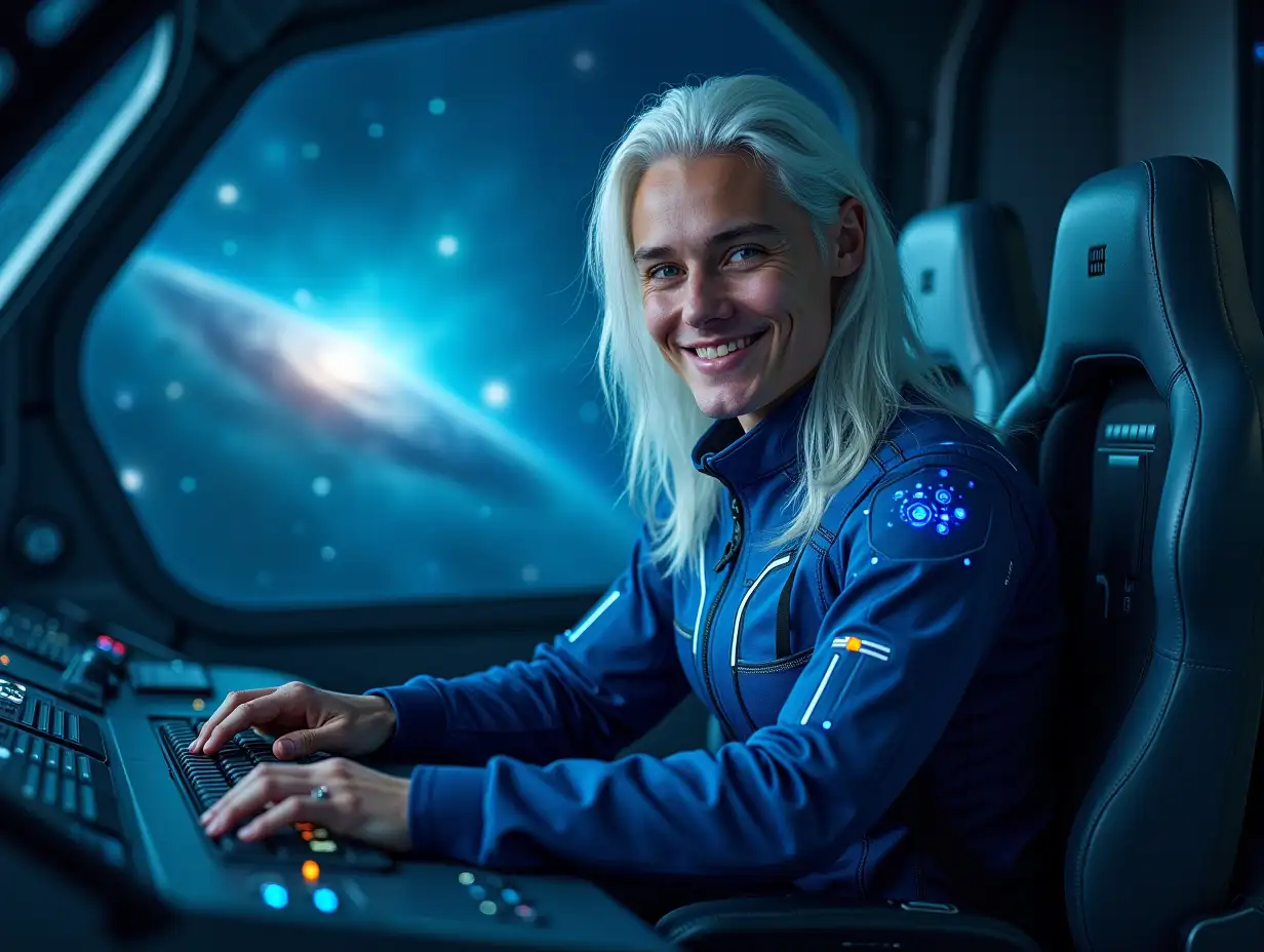 ((Wide angle shoot)) Visualization of a young man, 18 years old, with long white hair and a muscular build, wearing a blue futuristic uniform adorned with holographic elements. He is positioned in a spaceship cockpit, surrounded by various controls and a large window showing a vibrant galaxy with stars and nebula, perfect smile.