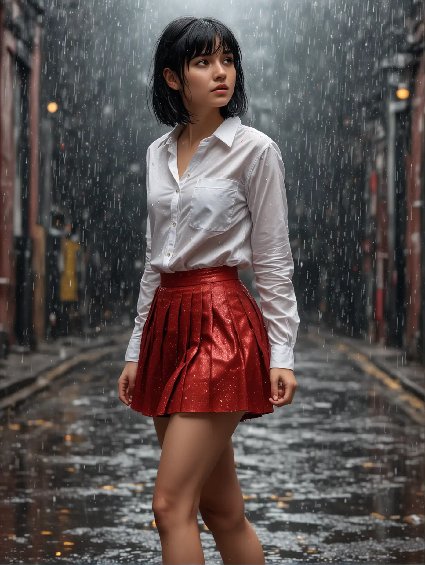 Young-Woman-in-Red-Skirt-and-White-Shirt-Golden-Sparkling-Rain-in-Dark-Space