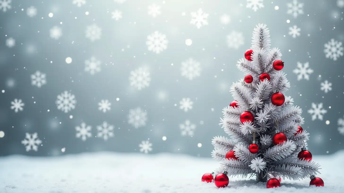 on a gray background white snowflakes, Christmas tree decorated with red balls