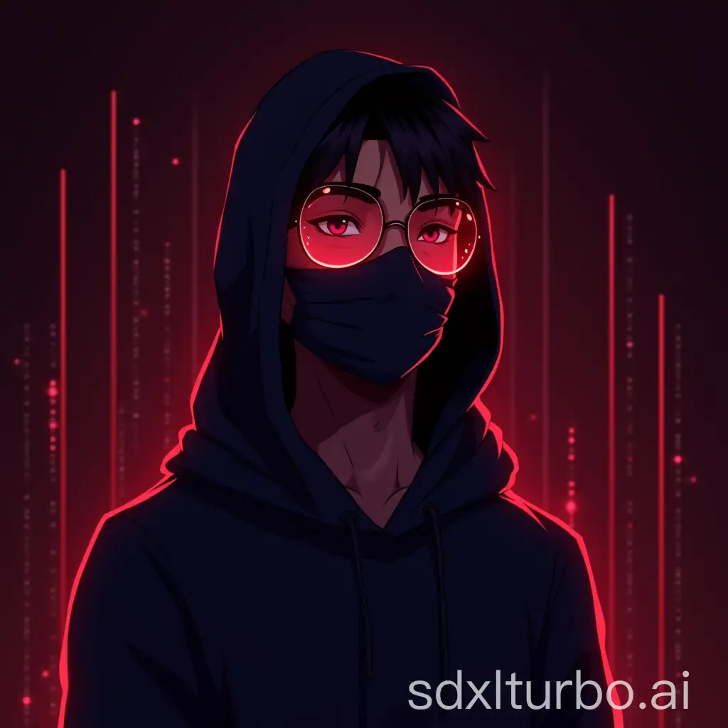 Create an anime-style digital avatar of a developer wearing a dark hoodie with subtle red highlights, a face mask, and a cap. The character has futuristic, reflective glasses with a soft red glow, giving a tech-inspired look. The background should be minimal, with dark red or maroon neon lines or code-like elements to match the red theme. Keep the design clean and bold, with an anime-style look that focuses on simple, sharp details.