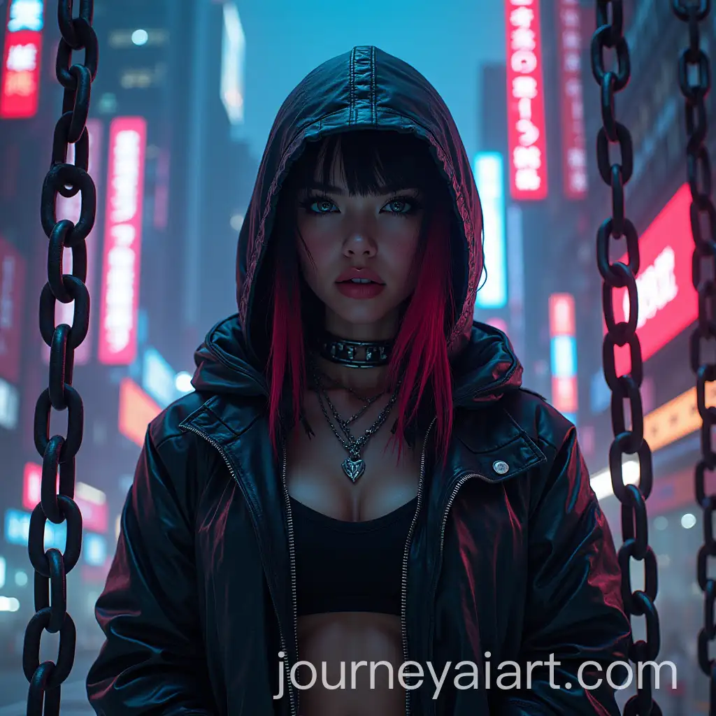 Cyberpunk-Neon-Warrior-Amidst-Pulsating-Cityscape-Surrounded-by-Chains
