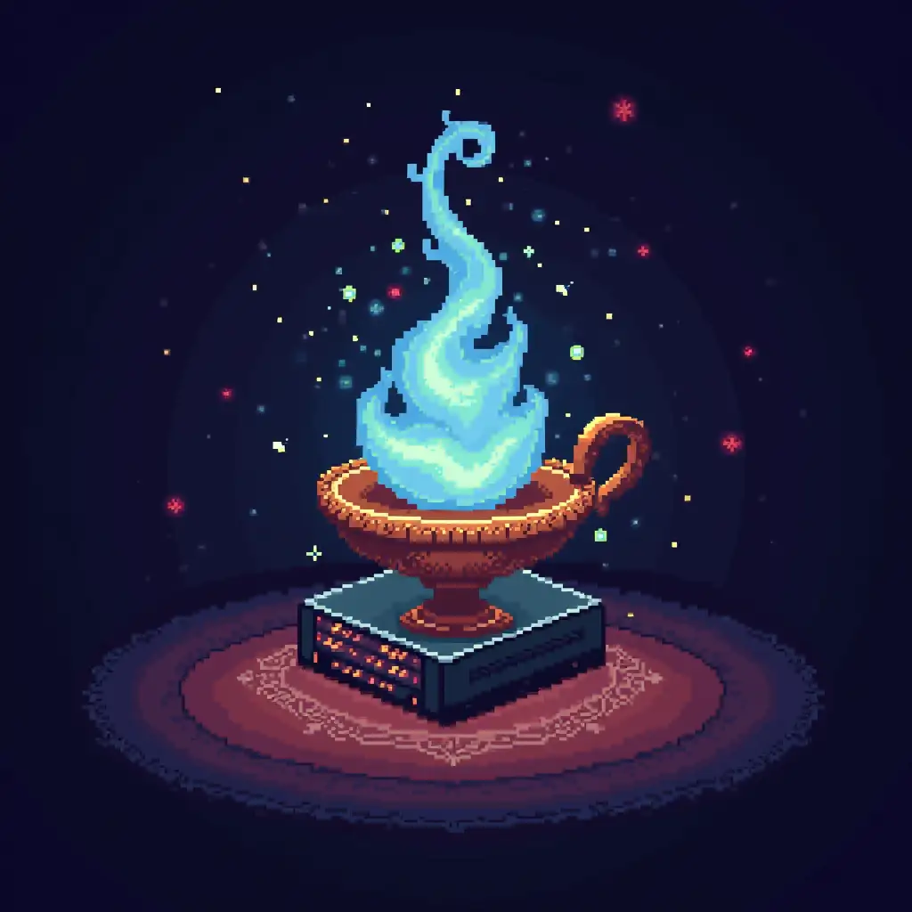 pixel art image of a genie emerging from a retro video game console like it was a lamp