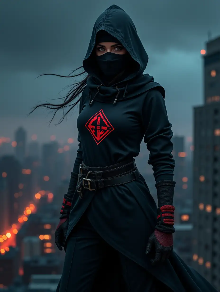 Digital artwork, concept art, a female ninja with CodeTyme. logo on her chest, standing on rooftop with a dark dystopian city in the background, dynamic pose, fierce, comics style, extremely intricate, extremely detailed, ominous lighting, dramatic lighting, dark stormy night, shot with Hasselblad, long exposure