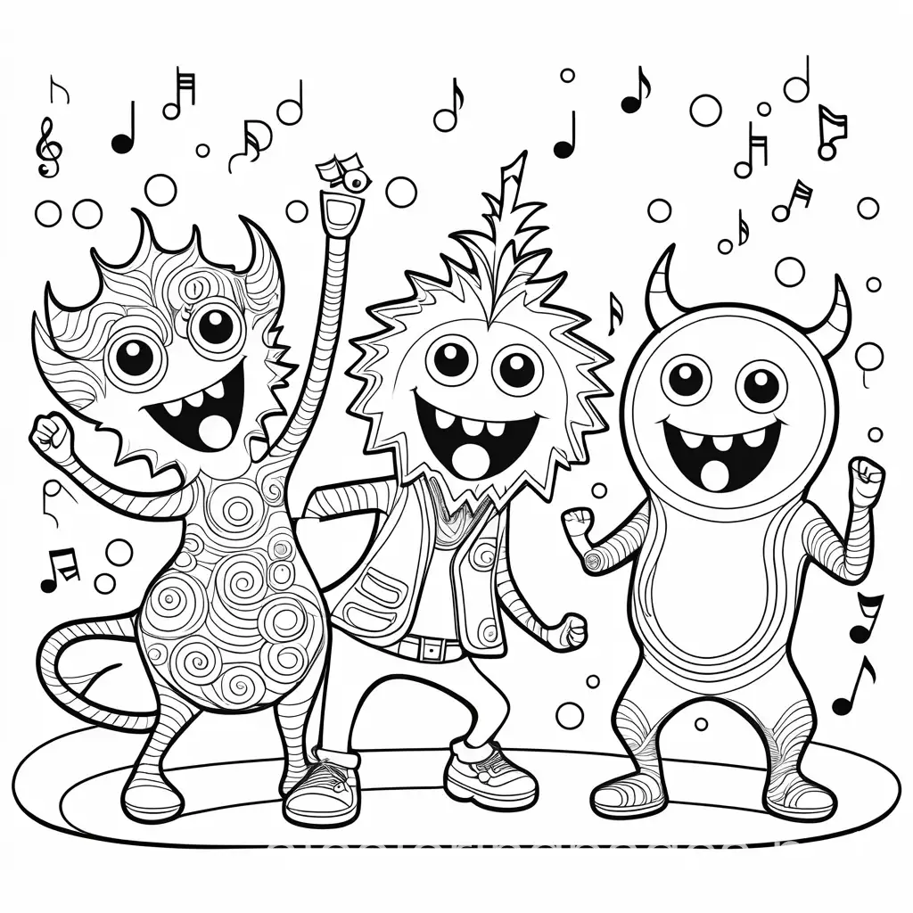 Friendly monsters having a fun dance-off with disco lights and music., Coloring Page, black and white, line art, white background, Simplicity, Ample White Space. The background of the coloring page is plain white to make it easy for young children to color within the lines. The outlines of all the subjects are easy to distinguish, making it simple for kids to color without too much difficulty