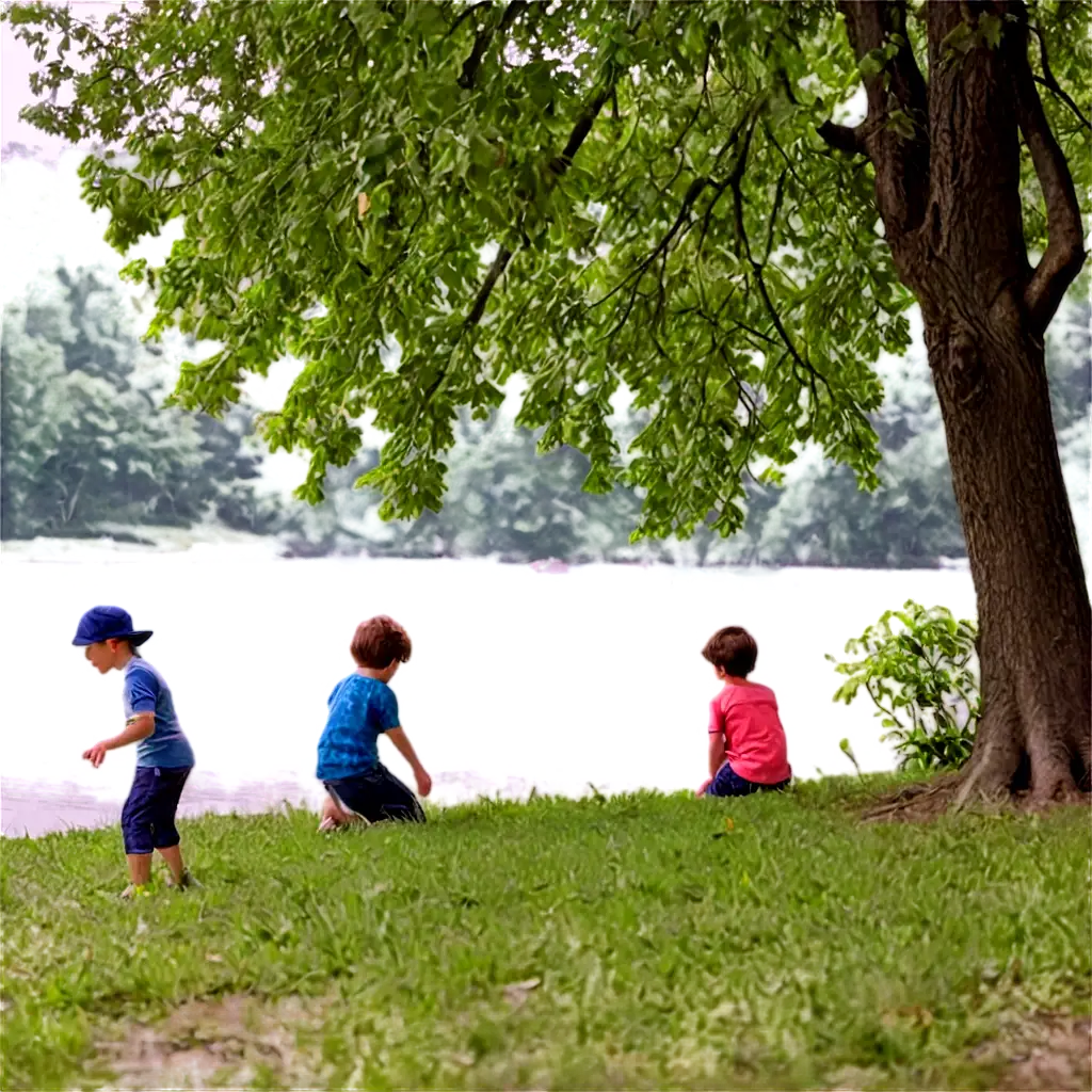 Children-Playing-Under-a-Tree-by-the-River-HighQuality-PNG-Image-for-Various-Applications
