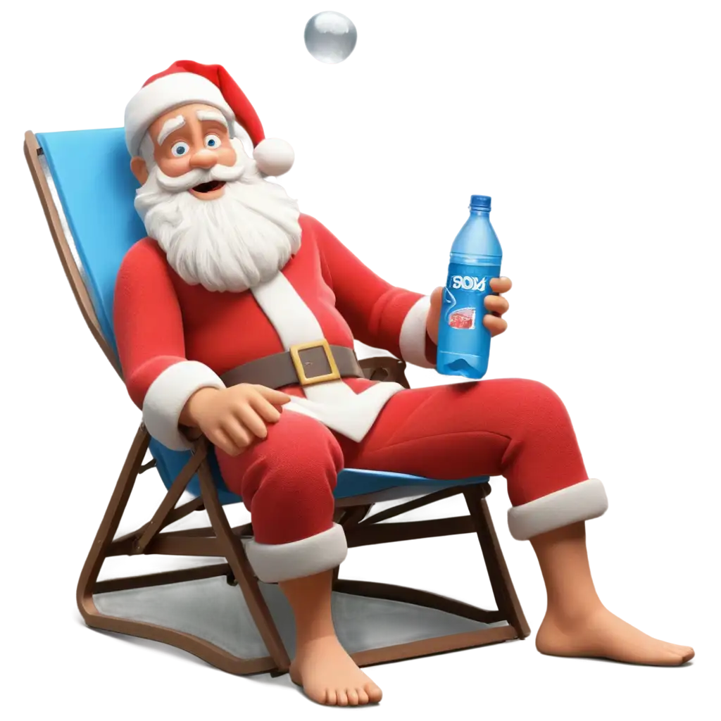 Santa-Claus-Sitting-on-a-Beach-Chair-with-Water-Bottle-PNG-Image-Inspired-by-Pixar-Animated-Films