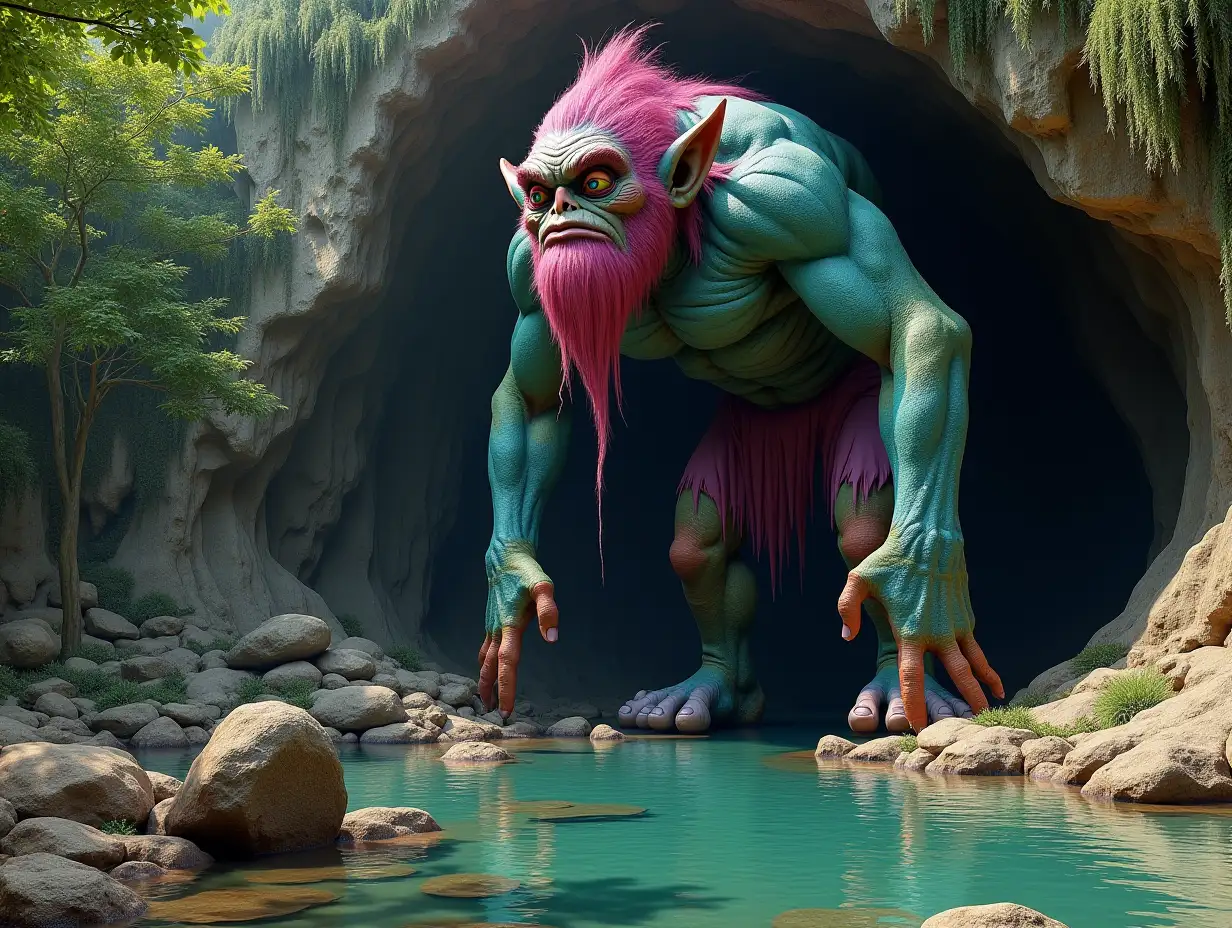 ultradetailled hyperrealistic photographic 10 meter tall colorful troll in front of a cave entrance at a river with rocks and trees and hanging plants with impeccable attention to texture, surface and lighting, to give depth, dimension and a photographic appearance.