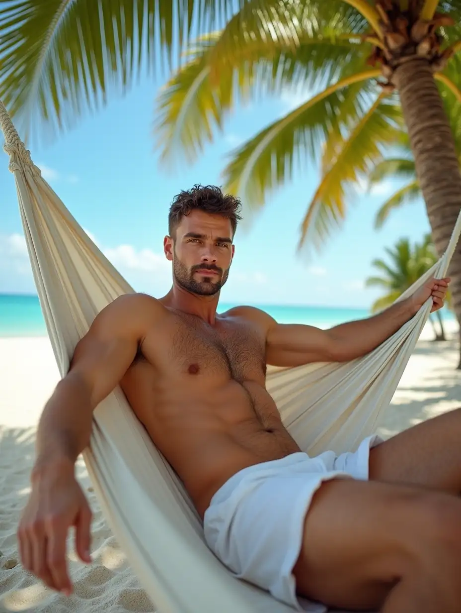 A handsome, athletic, sporty man with bulging abs and pecs, bare-chested, he is wearing a white swimsuit, his torso and thighs are very hairy, he is lying in a hammock between two coconut trees on the edge of a white sand beach. Low angle shot, use detailed and sharp photographic elements with natural lighting to capture the summer atmosphere, very realistic, precise.