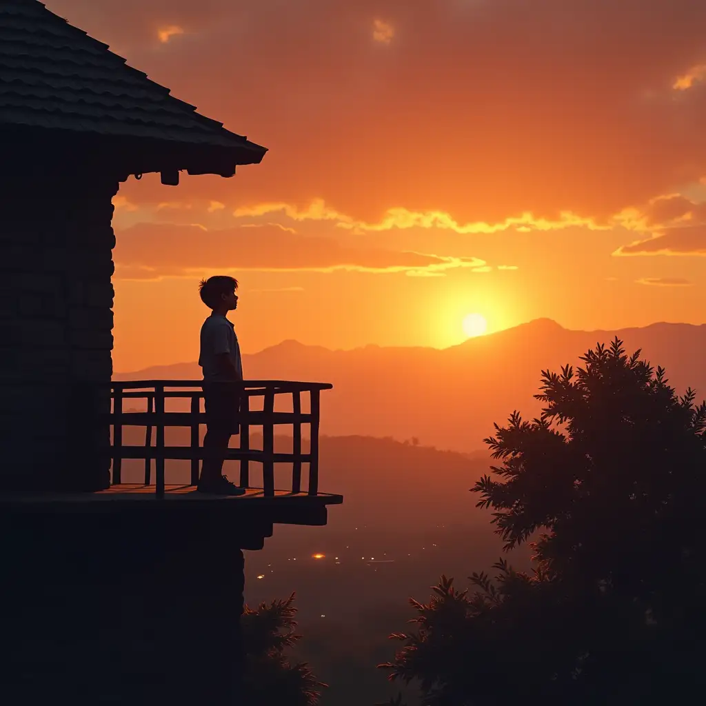 A alone boy standing in the balcony of his house and in sunset