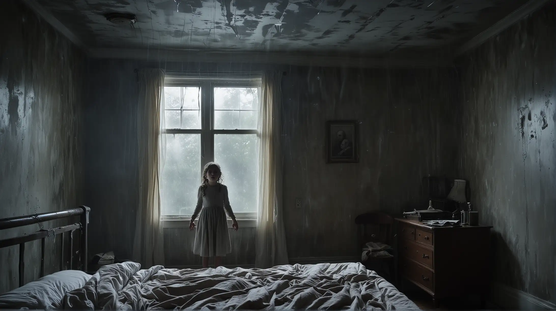 Young Girl Levitating in Haunted Bedroom During Storm