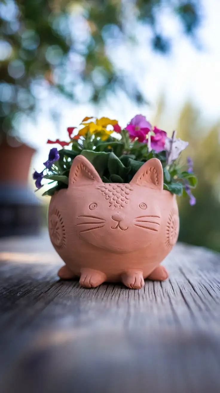 Handcrafted-Clay-Plant-Pot-with-Friendly-Animal-Shape-and-Colorful-Flowers