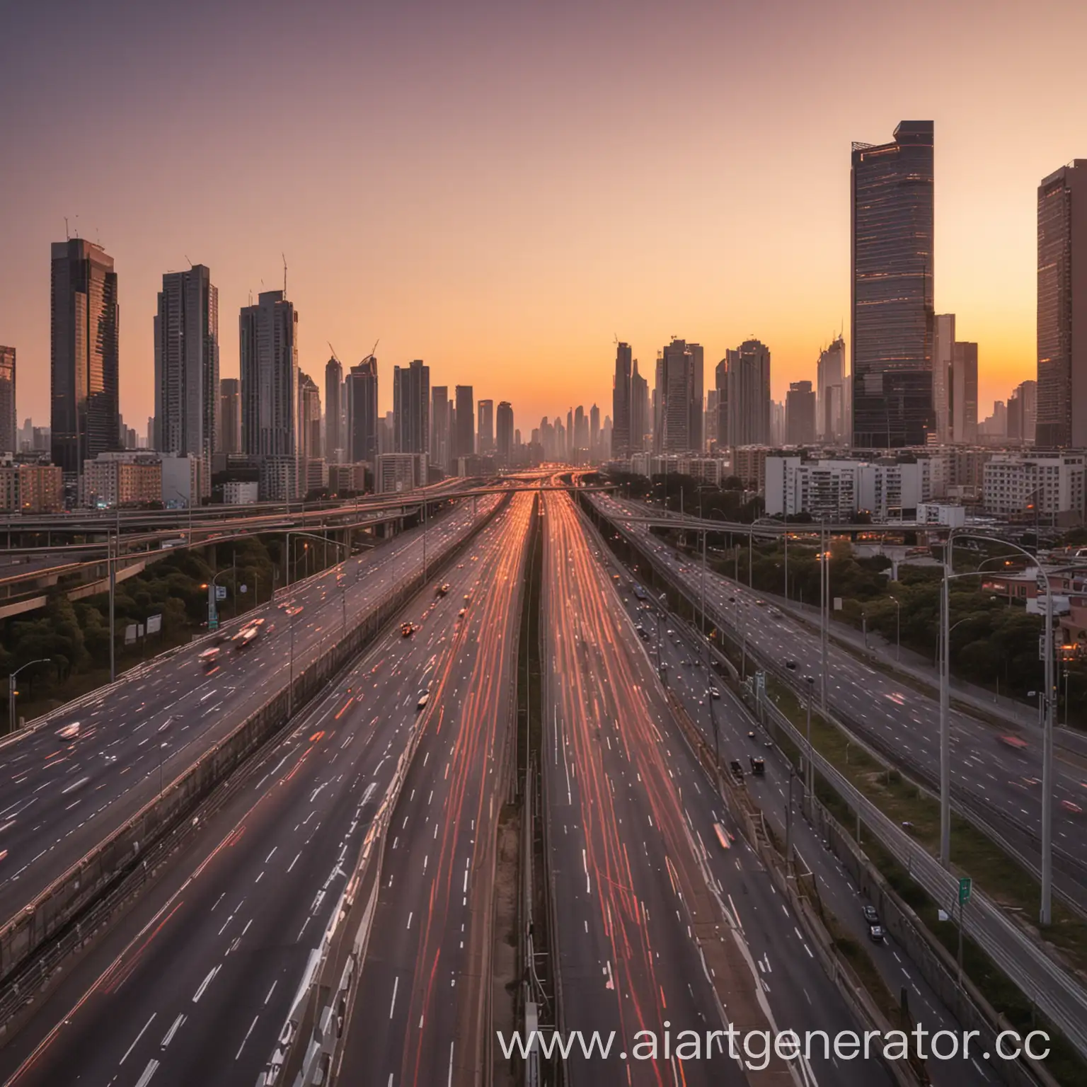 City-Highway-Sunset-Scene-with-Urban-Traffic-and-Skyscrapers