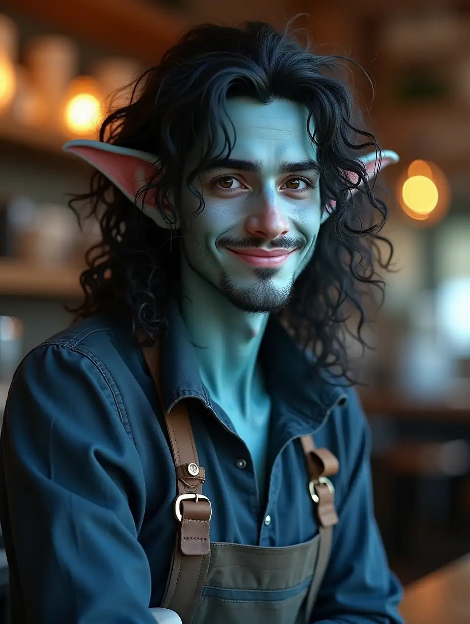 A young photo-realistic slightly smiling handsome Spanish triton man with elven ears, long curly black hair, fish gills, fish scales, and blue skin working as a barista