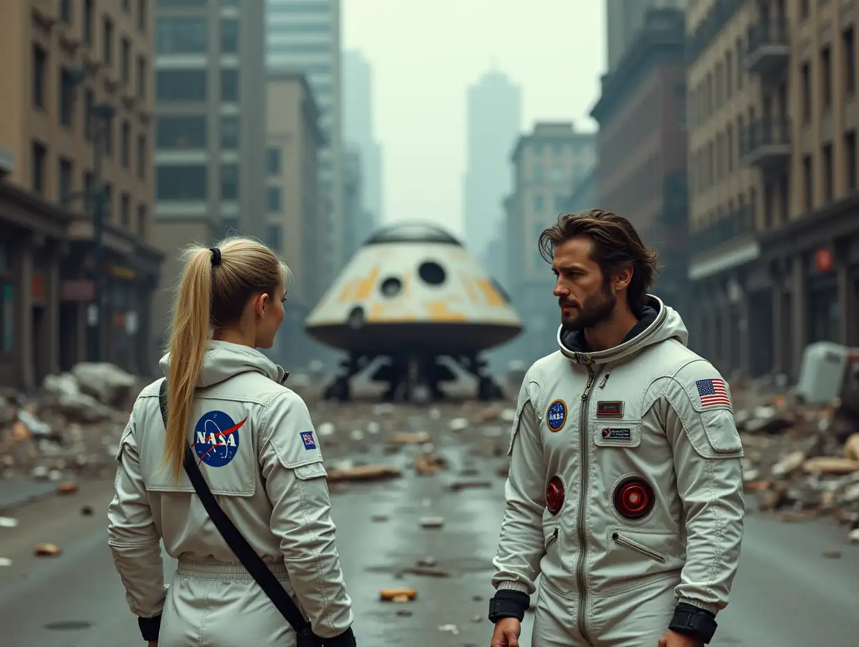 In a ruined city, a NASA lunar module gas land sitting on a city street. There is blast radius around it. A man and a woman, both in the same white space suits, are standing by the lunar module. Neither have helmets on. She has blonde hair tied up in a ponytail, he has long unkept hair and stubble.