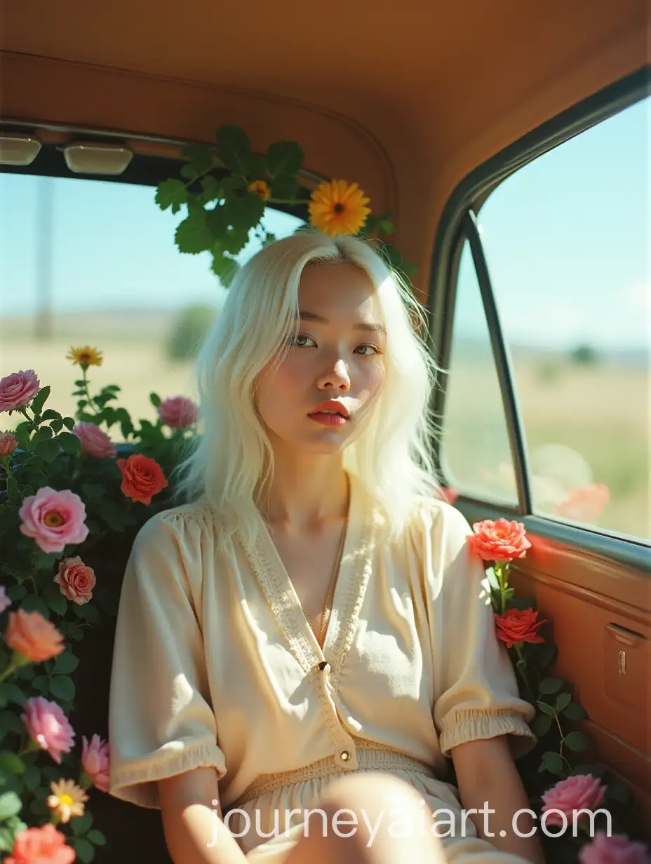 Girl-with-White-Hair-Surrounded-by-Flowers-in-a-Car
