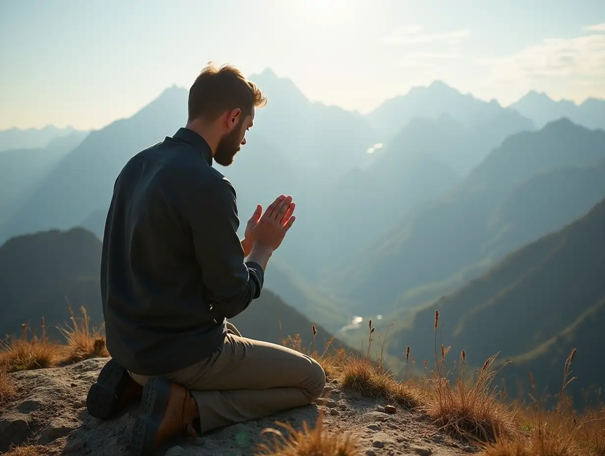 A man kneeling down, praying, on a high mountain,