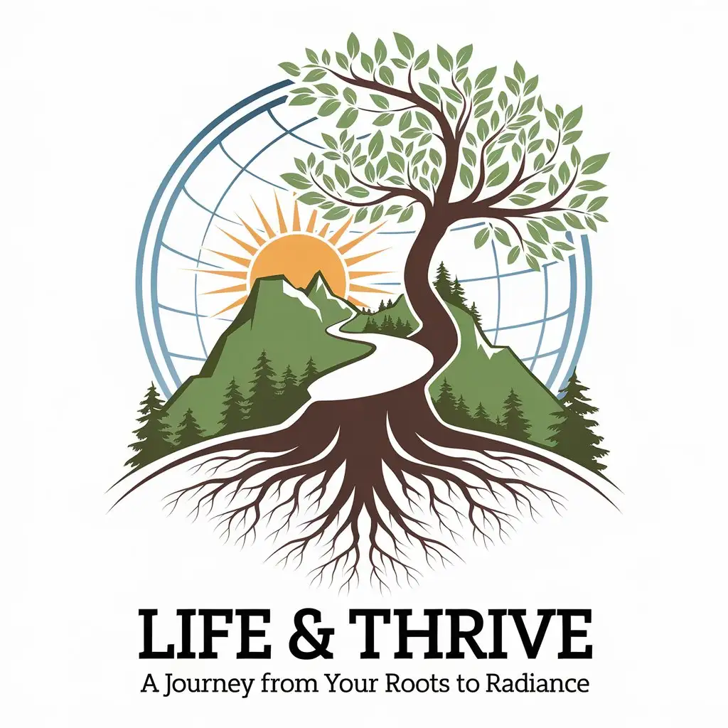 LOGO Design for Life Thrive Tree of Growth with Mountain Path and Globe Sphere