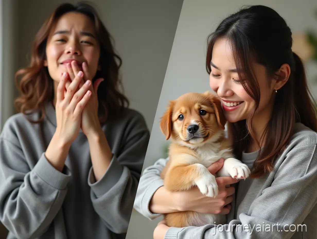 Frustrated-Owner-with-Bitten-Hands-and-Happy-Owner-Cuddling-Gentle-Puppy
