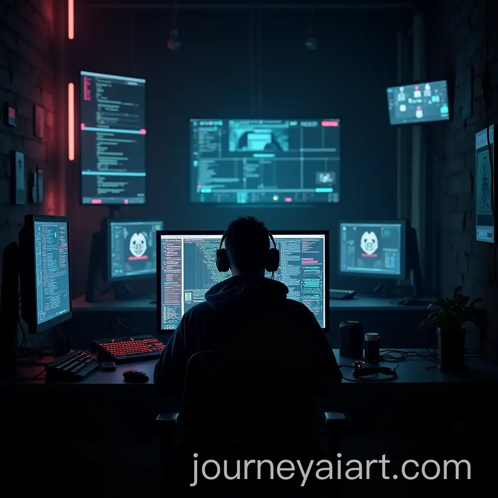 Cyberpunk-Hacker-in-a-NeonLit-Dark-Room-with-Multiple-Screens-and-Dystopian-Tech