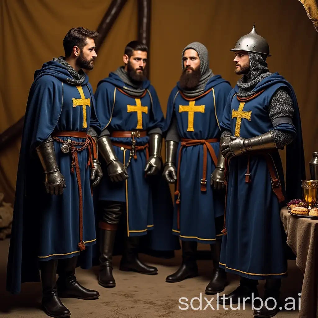 Knights-in-Blue-Cloaks-Preparing-for-a-Feast-in-a-Medieval-Tent