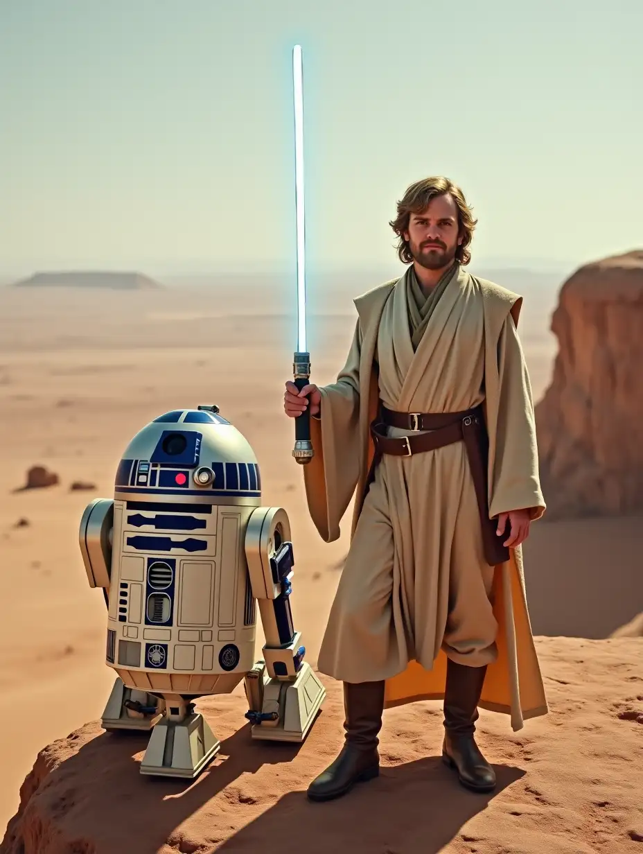 A front view image of Luke Skywalker standing with his light saber raised high and standing next to R2D2 on a barren cliff overlooking a desert. We see their face.