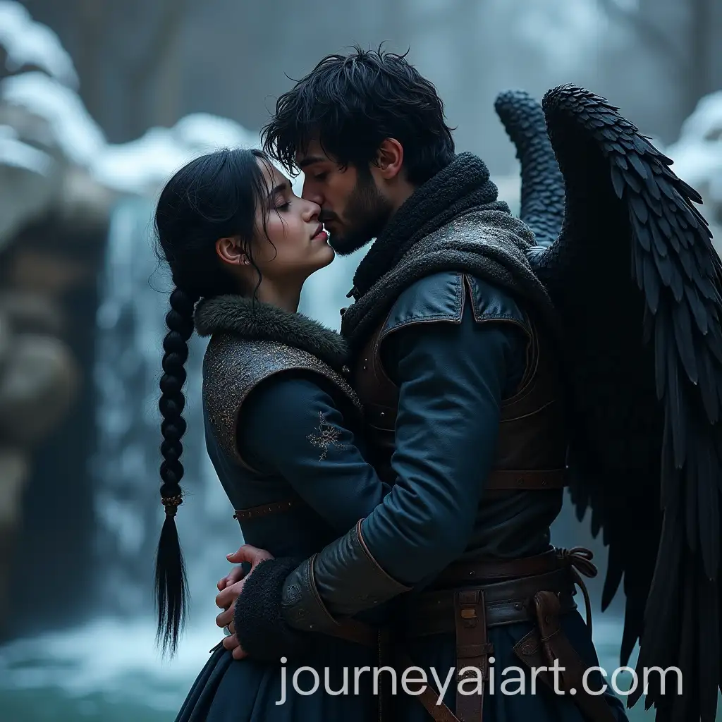 Romantic-Couple-in-Icy-Wilderness-with-Large-Black-Wings-and-Waterfall