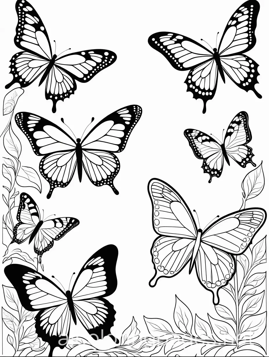 butterflies, Coloring Page, black and white, line art, white background, Simplicity, Ample White Space. The background of the coloring page is plain white to make it easy for young children to color within the lines. The outlines of all the subjects are easy to distinguish, making it simple for kids to color without too much difficulty