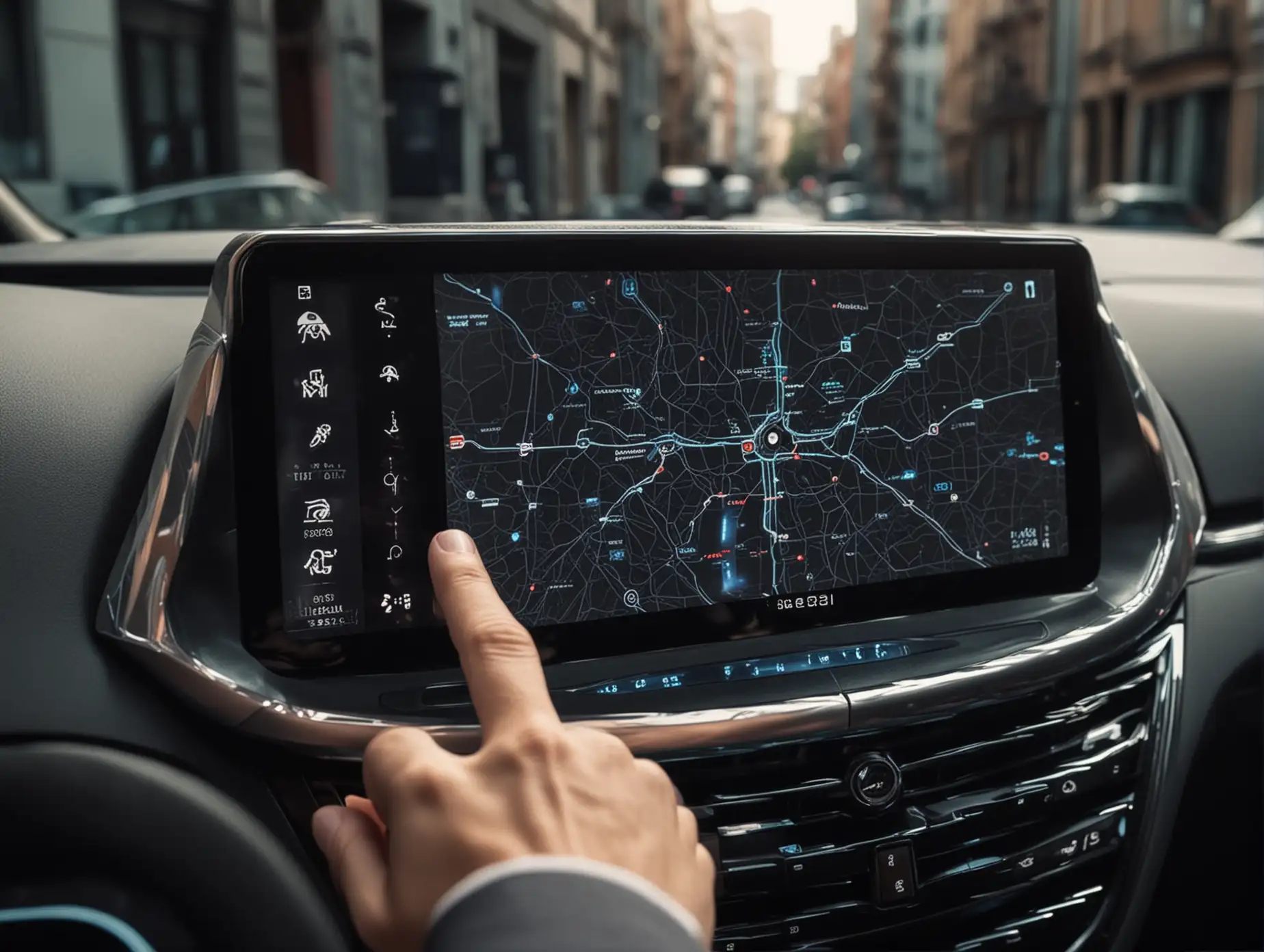 A hand points to the floating screen inside the car interior, with navigation interface, futuristic feel