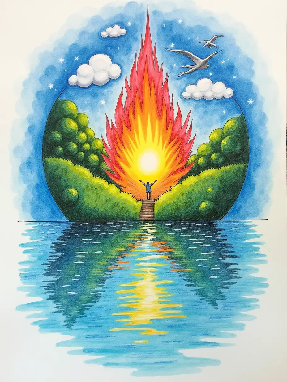 draw a metaphorical image that reflects the positive energy of the earth. In the style of drawing with colored pencils