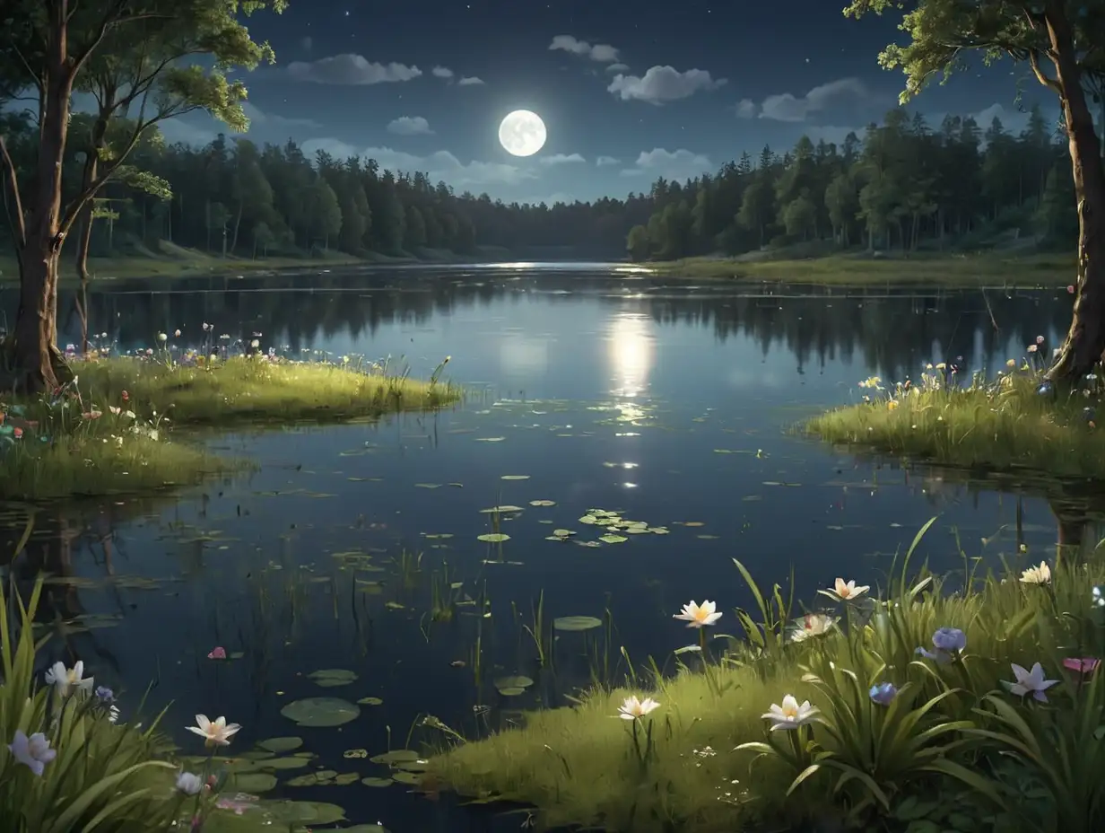 Wide view of a large lake with a small grassy area. On the grass, there are glowing star-shaped flowers. The water surface sparkles with moonlight, and the scene is set at night with a full moon in a deep forest, 3d disney inspire