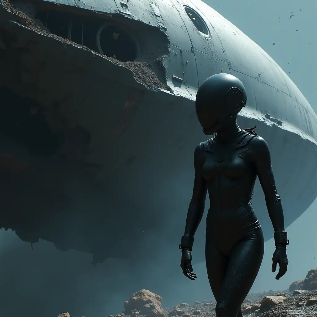 A person wearing a tight-fitting all-black suit and black helmet approaches the exposed side of a damaged alien spacecraft. The background is space with flying debris from the ship. Cyberpunk style.