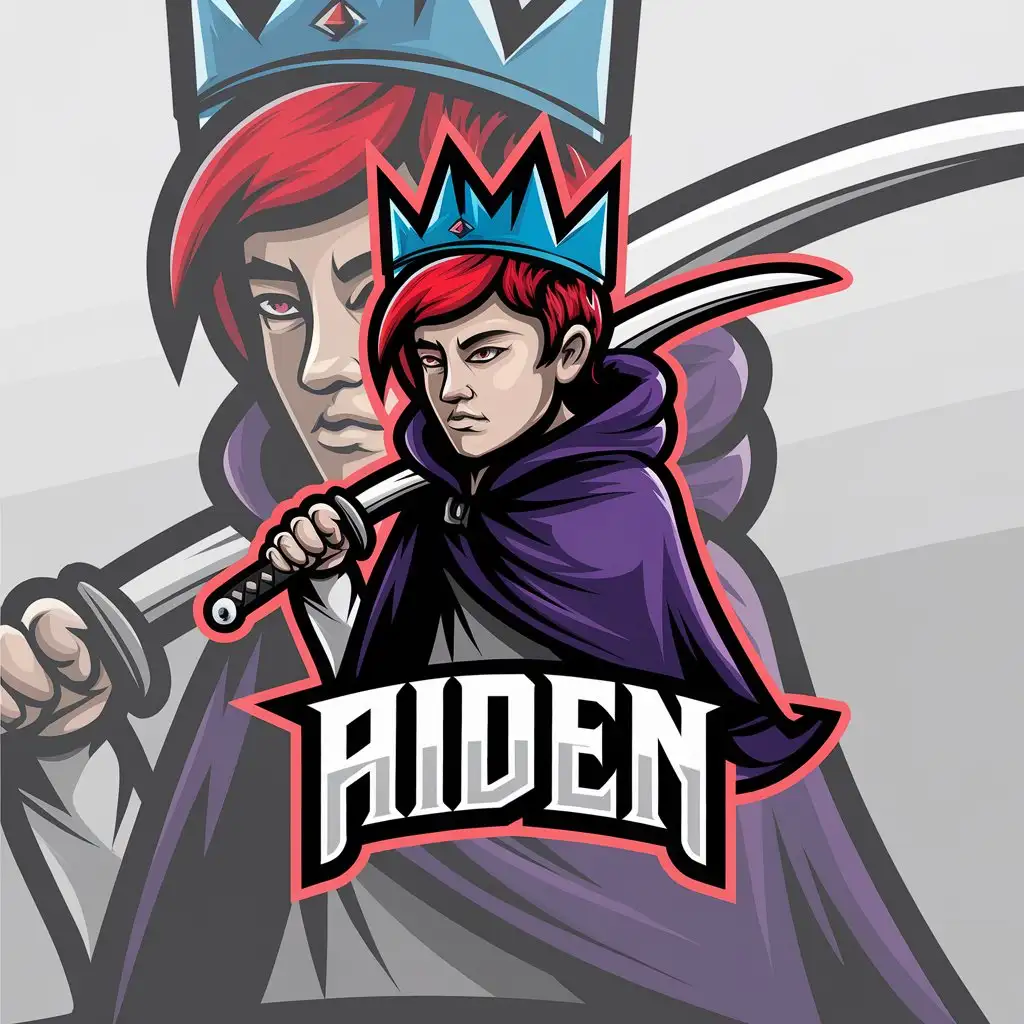 LOGO Design for Aiden Vector Logo Featuring a Boy with Red Hair Purple Cloak and Blue Crown Holding a Katana