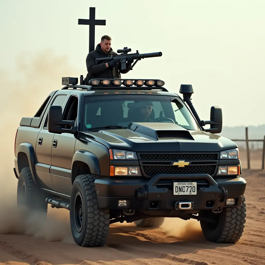 A modern day battle priest wearing a cross driving a 2005 black heavily armored Chevy Avalanche with duel miniguns mounted on a gun tower mounted in the bed of the truck all set in an apocalyptic world