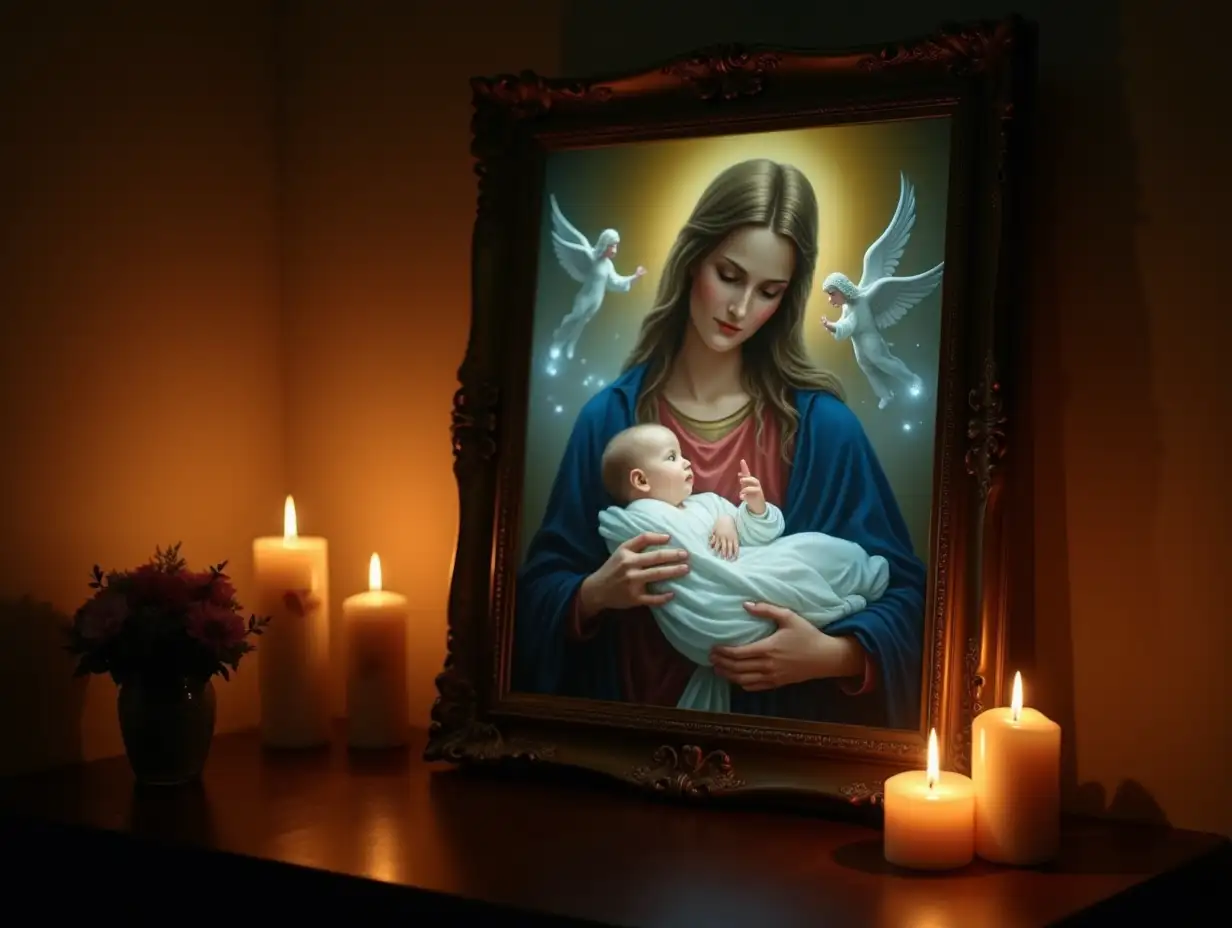 double exposure. double image. nin the room dimmed light. candles are lit. non the table in the corner of the room there is a large picture in golden light. small golden reflection. non the picture is depicted na beautiful madonna with beautiful fingers next to a beautiful infant in swaddling clothes and around them fly angels with light blue glow. nhigh resolution. nprofessional photo. nHDR.