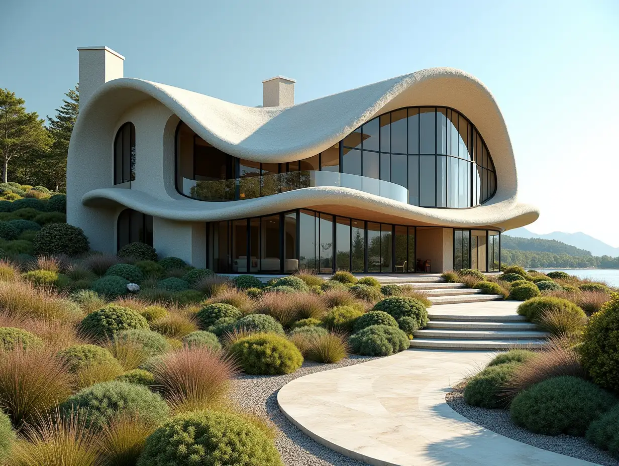 crooked house by the beach garden   Bepflanzung-mit Stuck in Form von Pflanzenschmuck, large windows with glass to, curved, smooth window shapes, winding large entrance steps of marble Complex curved roof with dike,Laternen,Bank 4K resolution Colorful superWeitwinkel shots