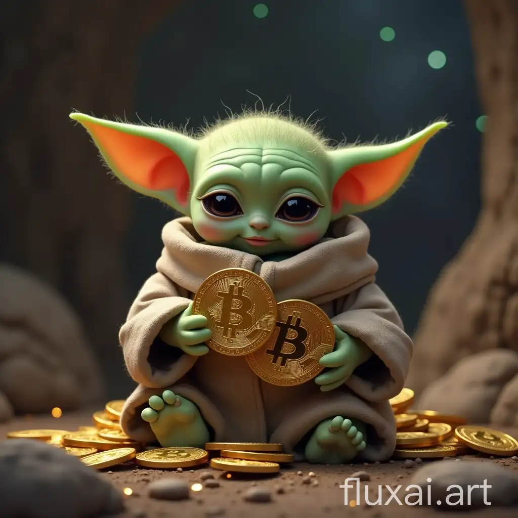 baby yoda playing with bitcoins, realistic, in a spaceship