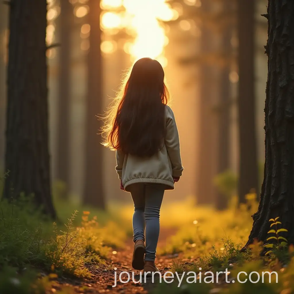 Girl-Walking-in-Sunlit-Pine-Forest